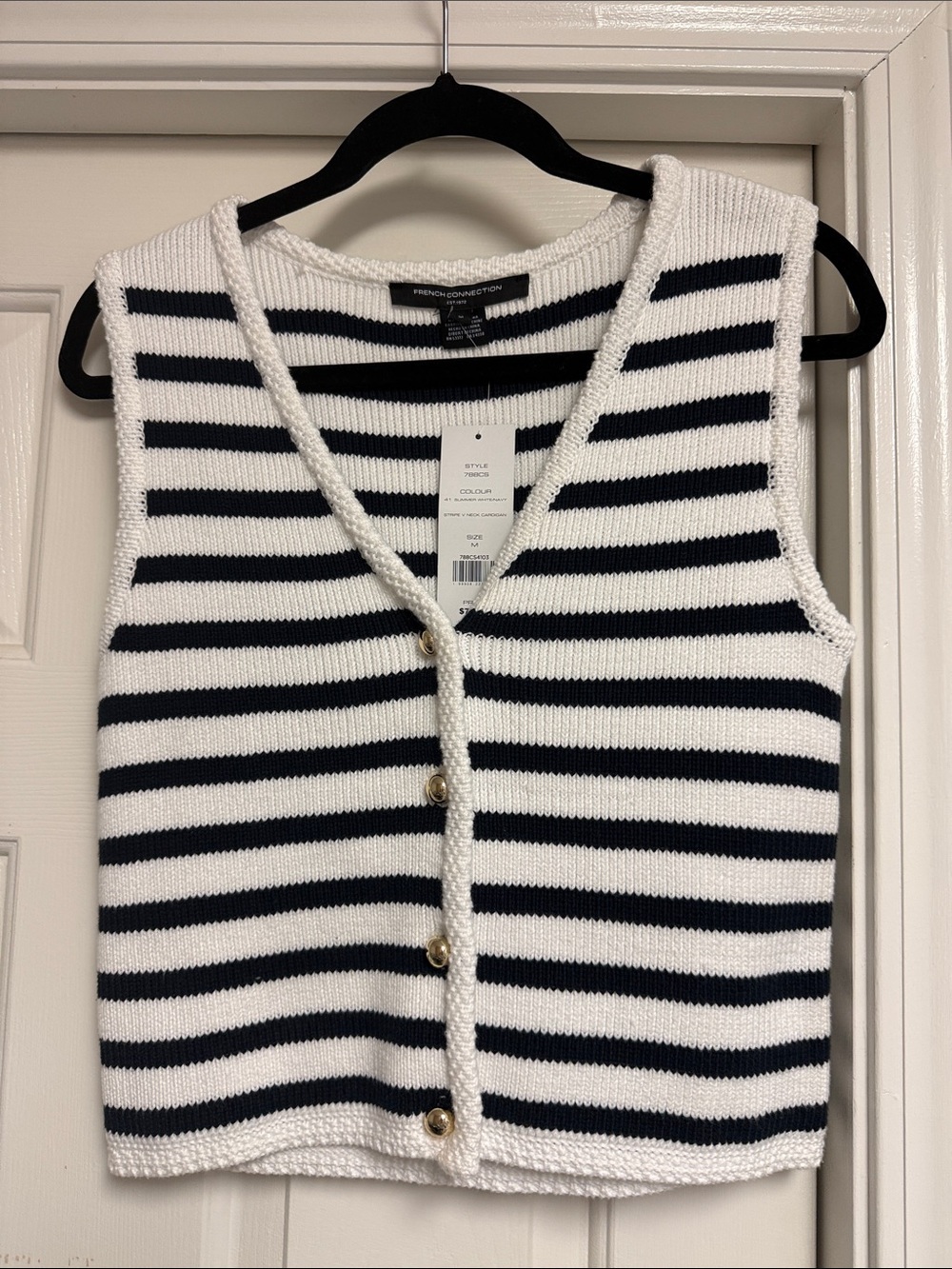 NWT Women’s French Connection Navy/White Striped V Neck Sleeveless Cardigan - M
